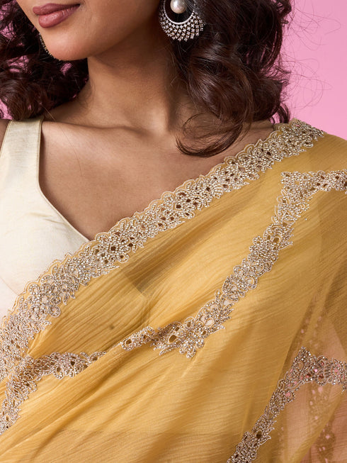 Mohey Ravishing Yellow Chinon Saree