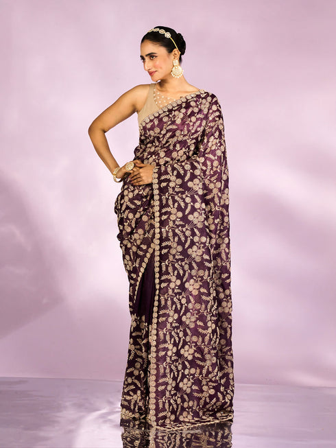 Mohey Purple Elegance Chinon Saree