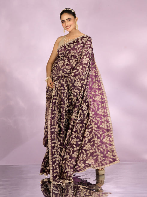 Mohey Purple Elegance Chinon Saree
