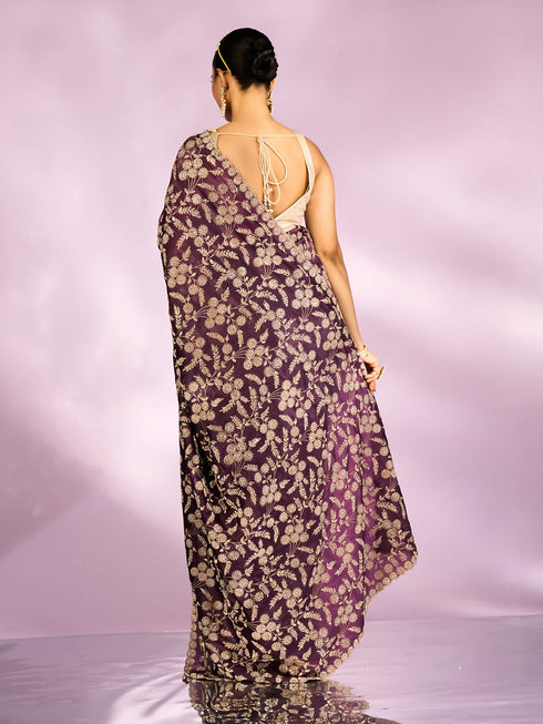 Mohey Purple Elegance Chinon Saree