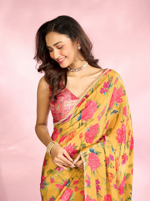Mohey Radiant Mustard Yellow Satin Saree
