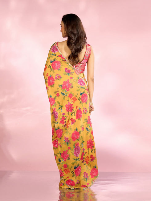 Mohey Radiant Mustard Yellow Satin Saree