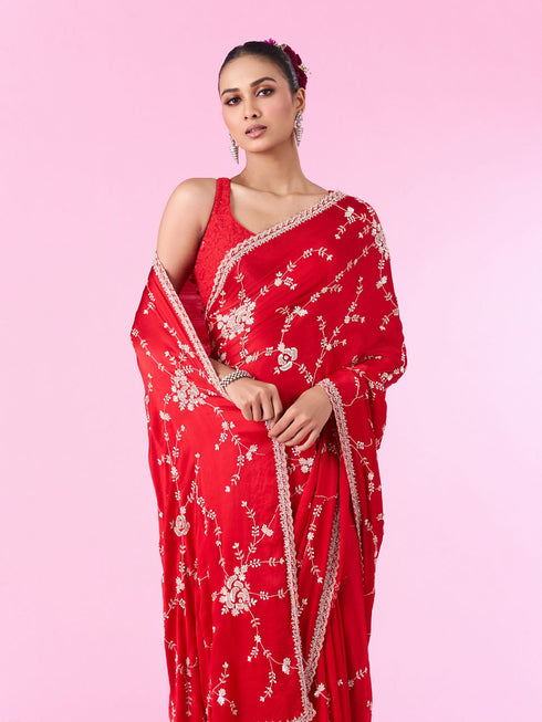 Mohey Elegant Red Chinon Bridal Saree