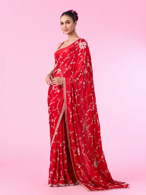 Mohey Elegant Red Chinon Bridal Saree