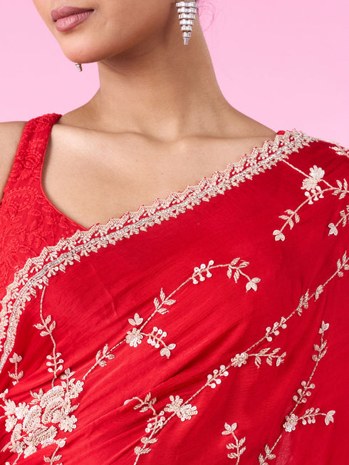 Mohey Elegant Red Chinon Bridal Saree