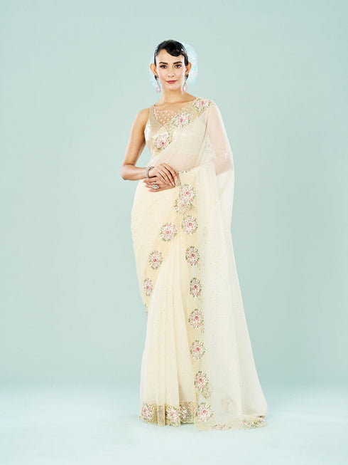Mohey Elegant Cream Chiffon Saree