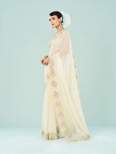 Mohey Elegant Cream Chiffon Saree