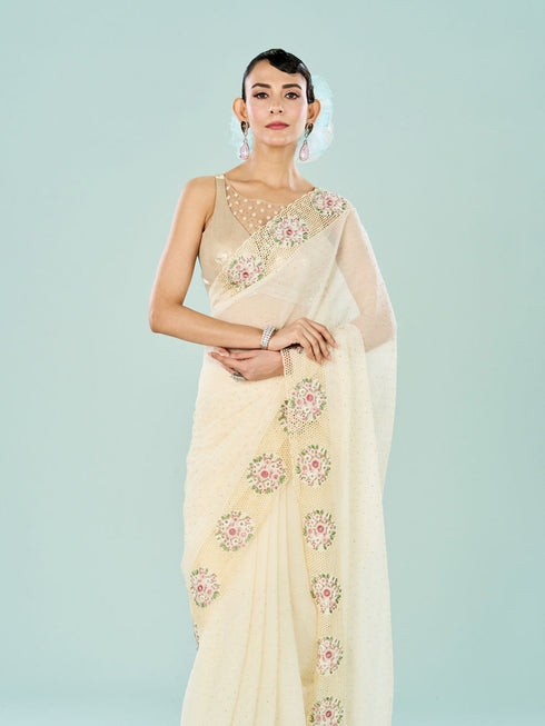 Mohey Elegant Cream Chiffon Saree