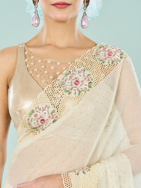 Mohey Elegant Cream Chiffon Saree