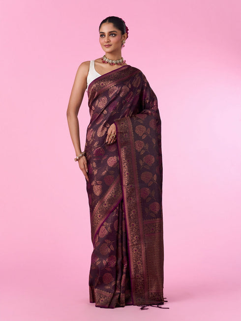 Mohey Silken Elegance Wine Banarasi Saree