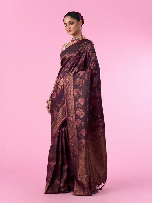 Mohey Silken Elegance Wine Banarasi Saree