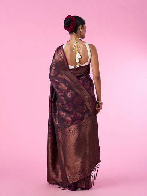 Mohey Silken Elegance Wine Banarasi Saree