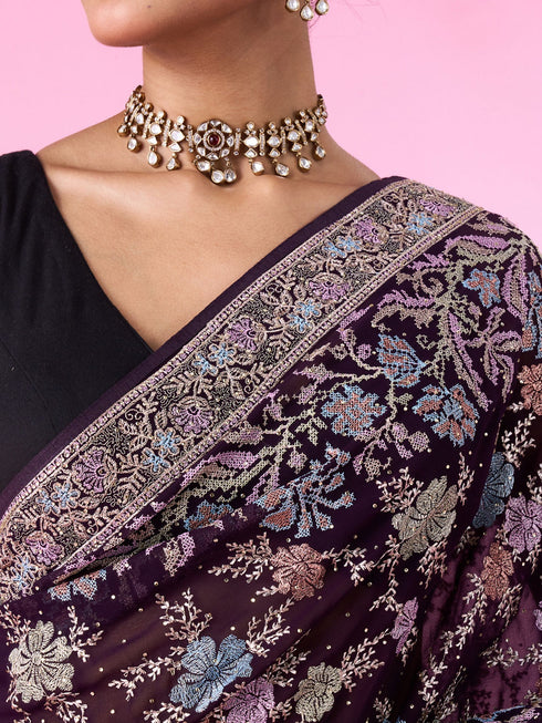 Mohey Purple Georgette Sparkle Saree