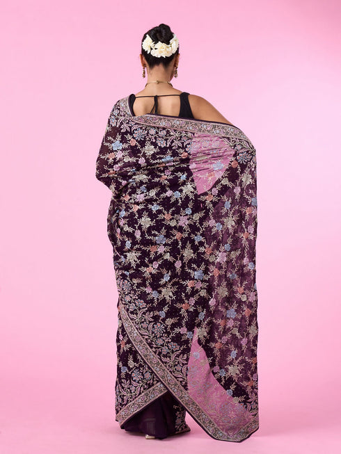 Mohey Purple Georgette Sparkle Saree