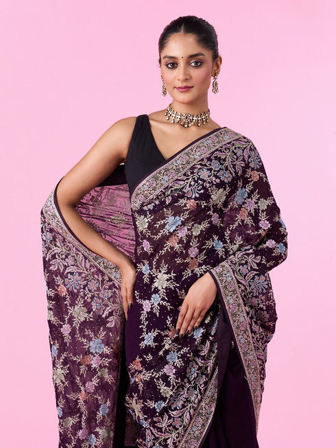 Mohey Purple Georgette Sparkle Saree