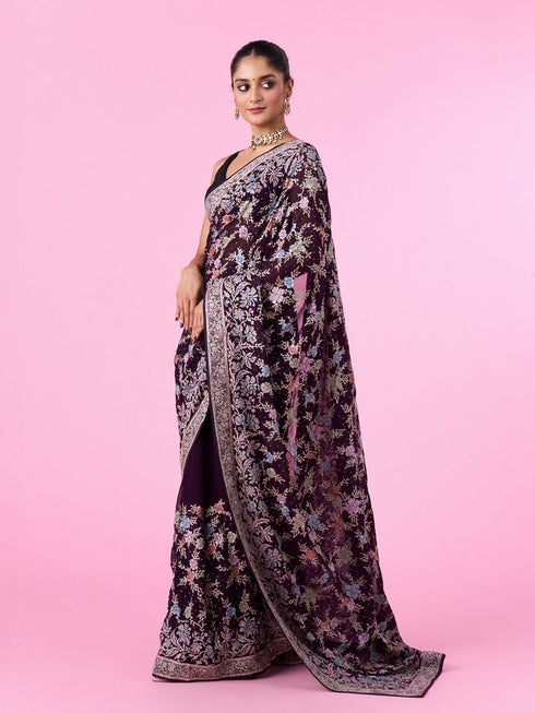 Mohey Purple Georgette Sparkle Saree