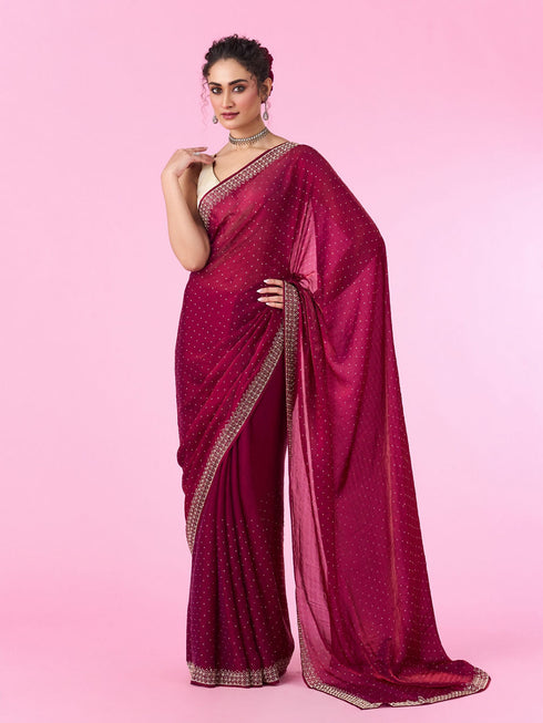 Mohey Wine Hued Chinon Elegance Saree