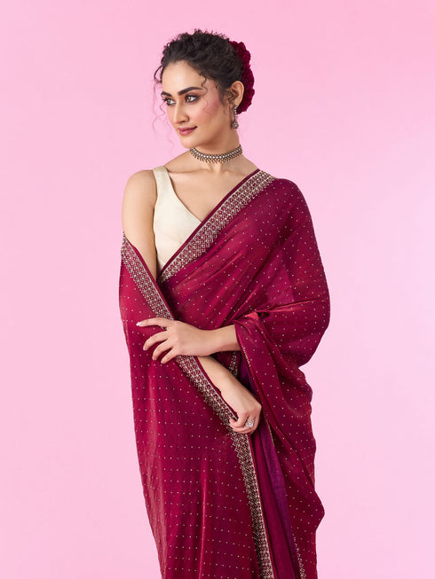 Mohey Wine Hued Chinon Elegance Saree
