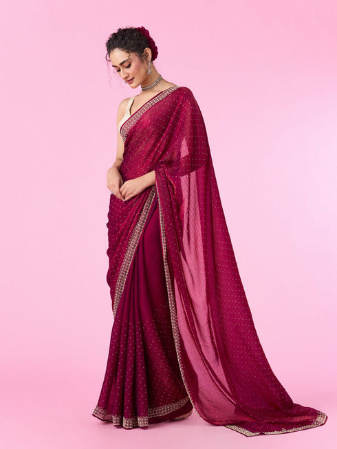 Mohey Wine Hued Chinon Elegance Saree