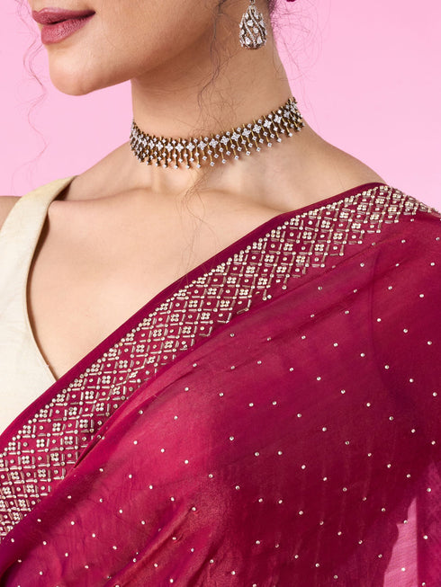Mohey Wine Hued Chinon Elegance Saree