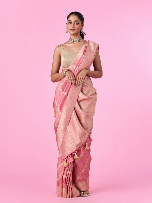 Mohey Emerald Pink Elegance Banarasi Saree