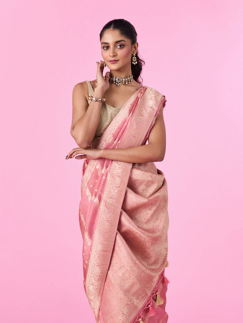 Mohey Emerald Pink Elegance Banarasi Saree