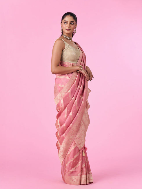 Mohey Emerald Pink Elegance Banarasi Saree