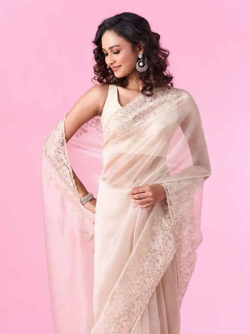 Mohey Enchanting Organza Cream Saree