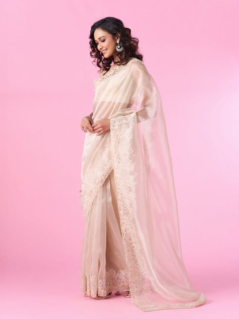 Mohey Enchanting Organza Cream Saree