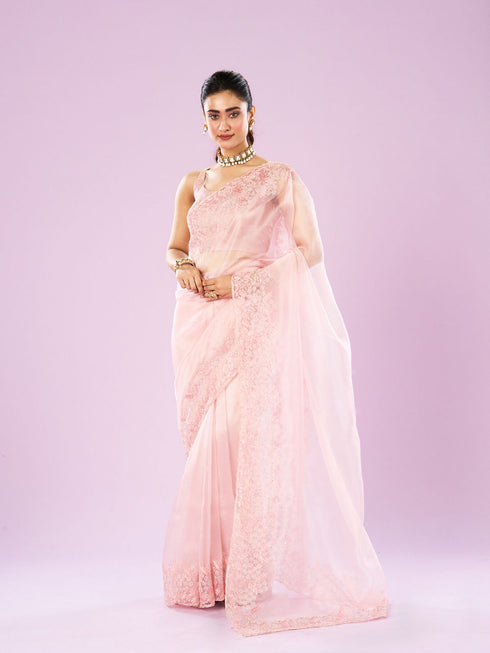 Mohey Transcendent Pink Organza Saree
