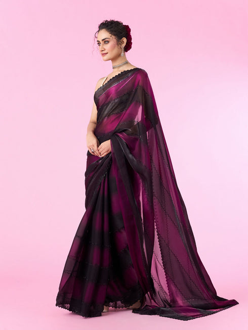 Mohey Wine Organza Cocktail Saree