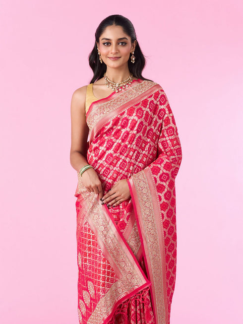 Mohey Graceful Pink Pleated Elegance Banarasi Saree