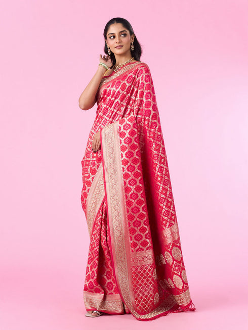 Mohey Graceful Pink Pleated Elegance Banarasi Saree