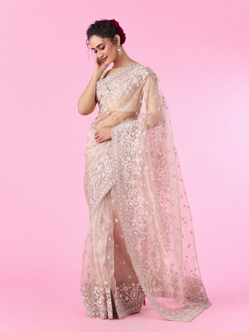 Mohey Enchanting Fawn Organza Saree
