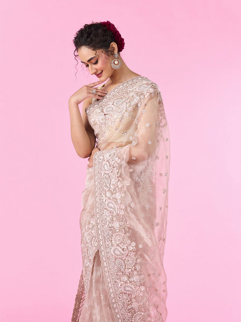 Mohey Enchanting Fawn Organza Saree