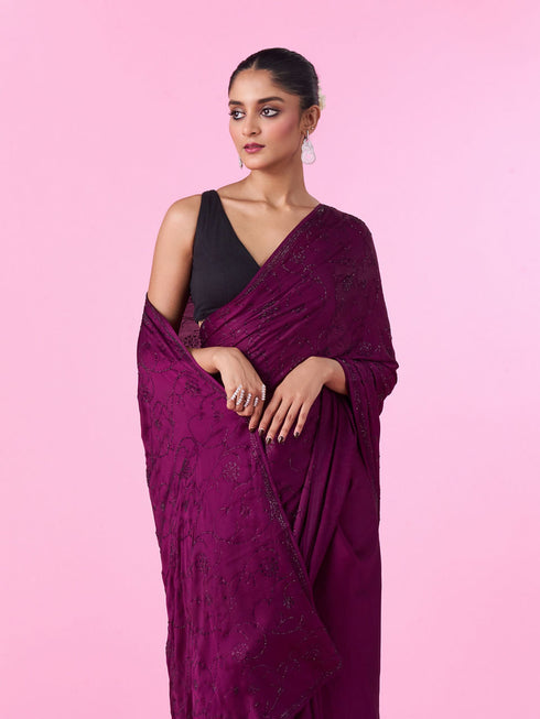 Mohey Wine Satin Elegance Saree