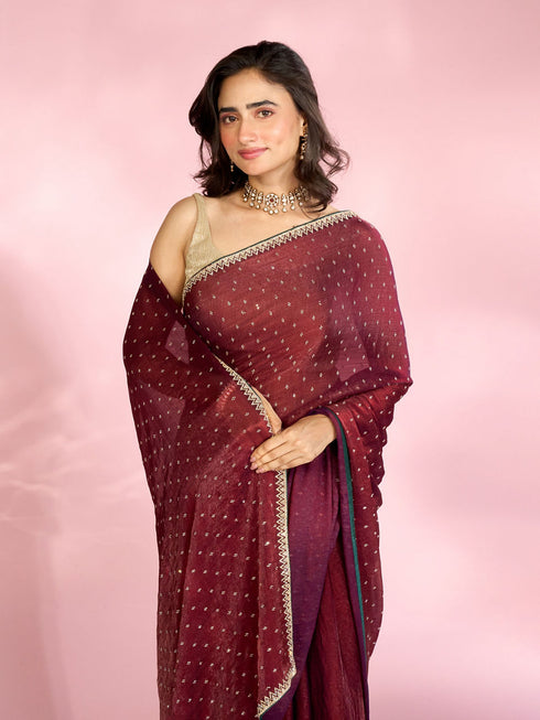 Mohey Exquisite Wine Organza Saree