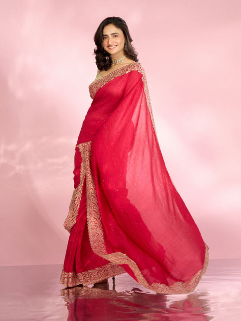 Mohey Opulent Rani Pink Chinon Saree