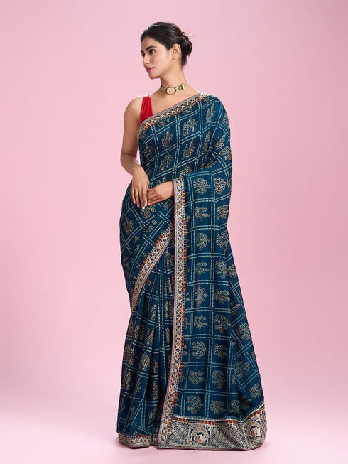 Mohey Elegant Teal Blue Chinon Saree