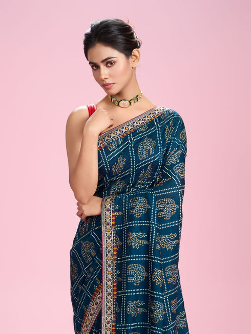 Mohey Elegant Teal Blue Chinon Saree