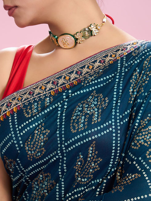 Mohey Elegant Teal Blue Chinon Saree