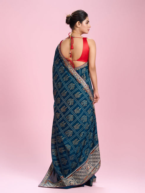 Mohey Elegant Teal Blue Chinon Saree