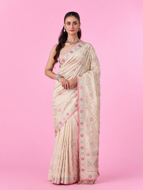 Mohey Elegant Cream Chinon Saree
