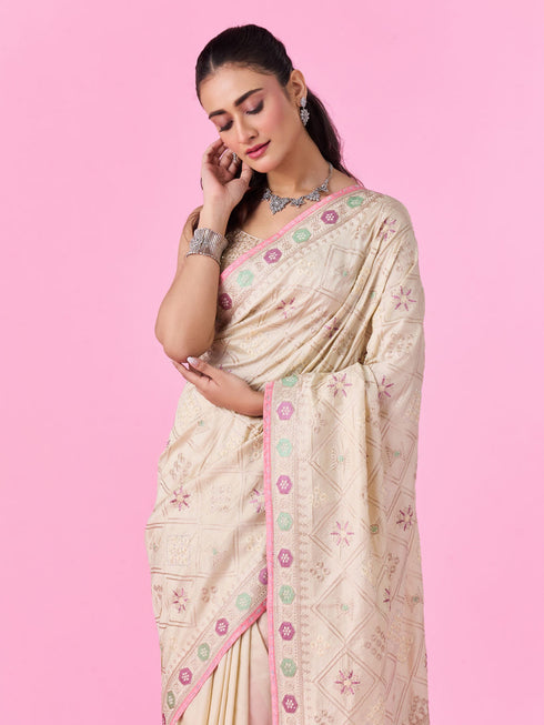 Mohey Elegant Cream Chinon Saree