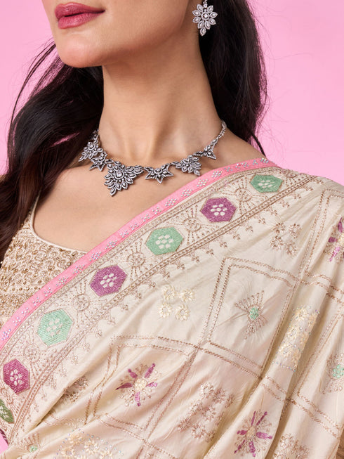 Mohey Elegant Cream Chinon Saree