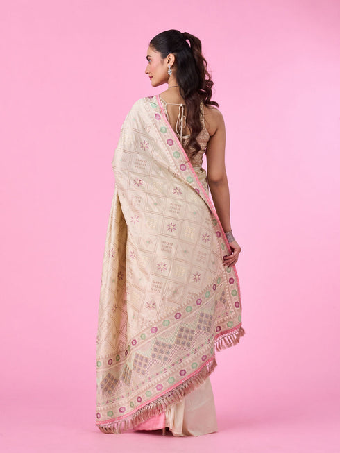 Mohey Elegant Cream Chinon Saree