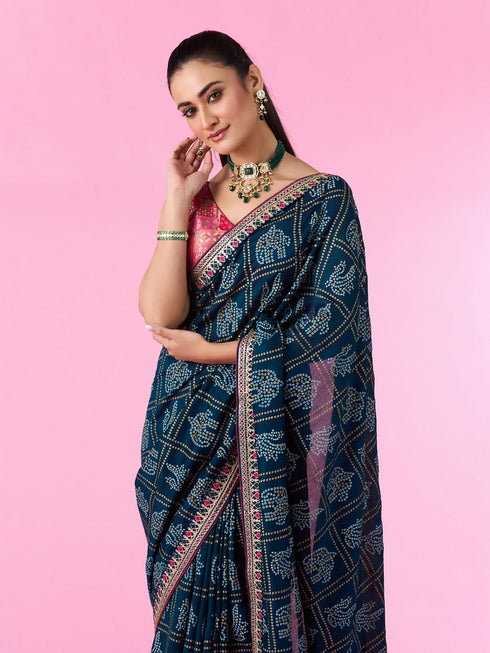 Mohey Radiant Blue Chinon Saree