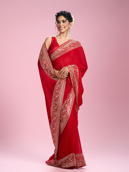 Mohey Enchanting Red Organza Saree