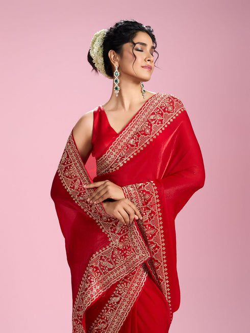 Mohey Enchanting Red Organza Saree