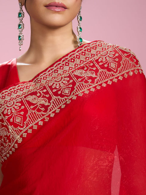 Mohey Enchanting Red Organza Saree